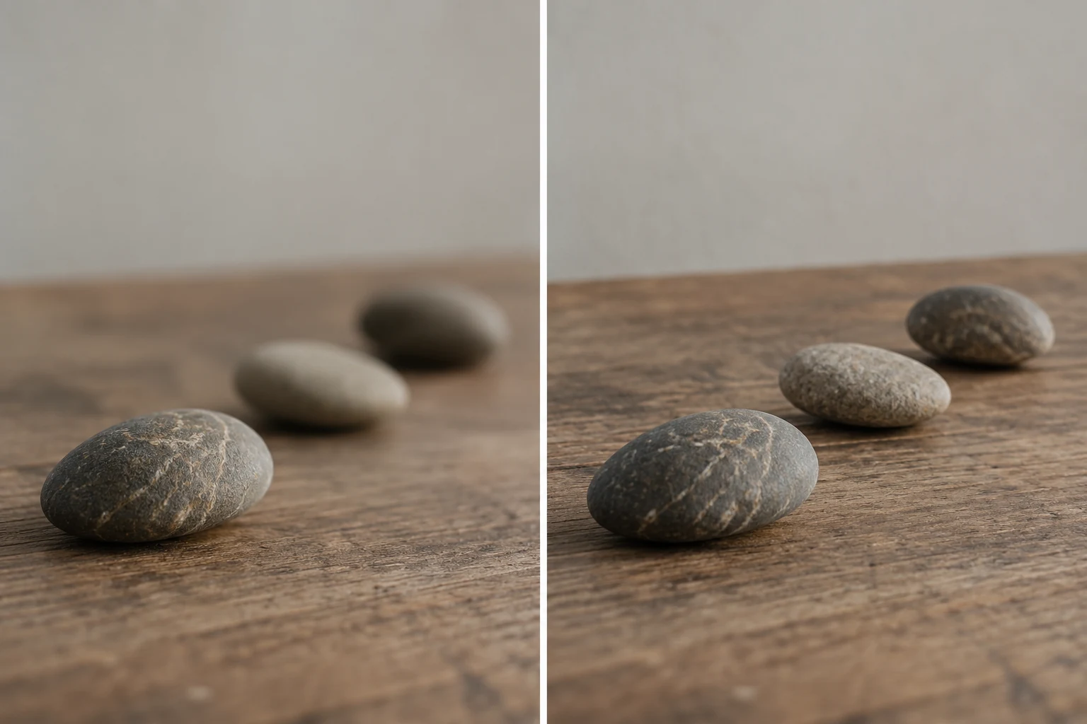 Comparación de tres piedras con distinta extensión de la zona nítida