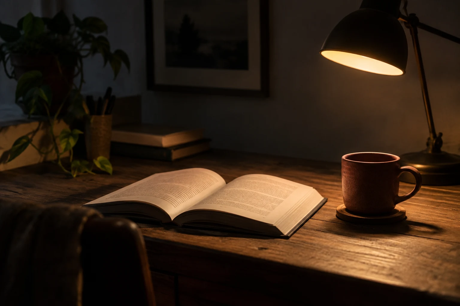 Libro y taza iluminados por una lámpara en una habitación tenue