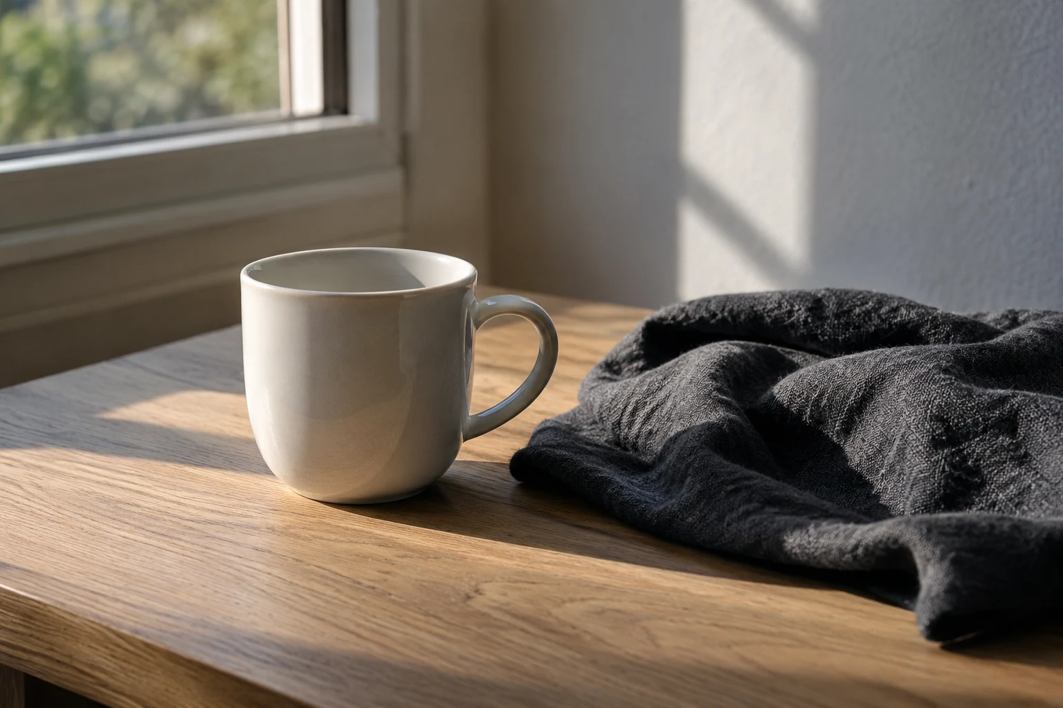 Taza blanca y tela oscura bajo luz de ventana