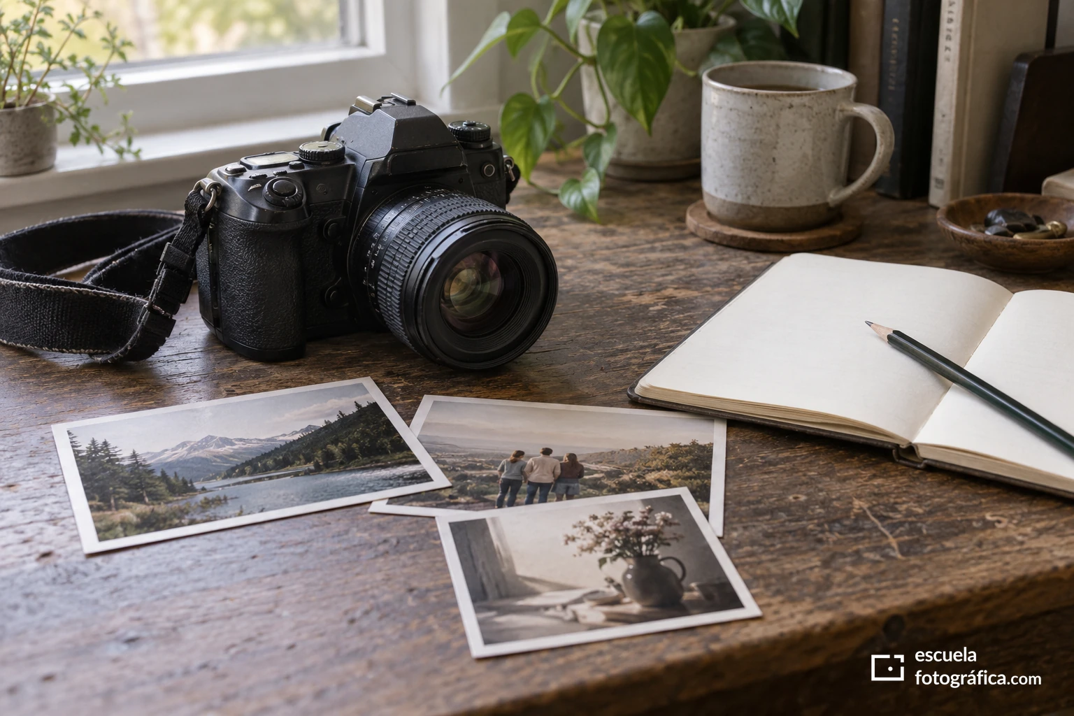Cámara junto a fotografías impresas y una libreta para recuperar decisiones fotográficas