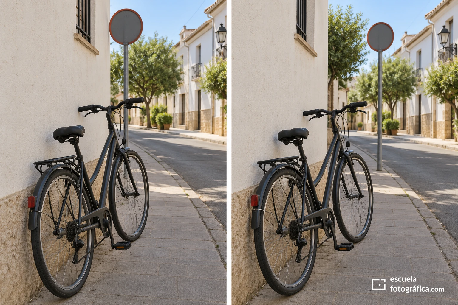 Dos encuadres de una bicicleta con distinta separación respecto a una señal del fondo