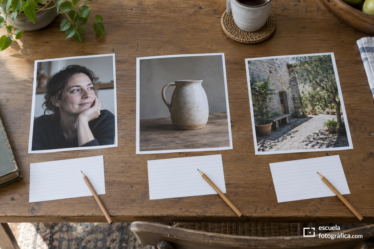 Tres fotografías de retrato, objeto y patio junto a fichas para anotar decisiones