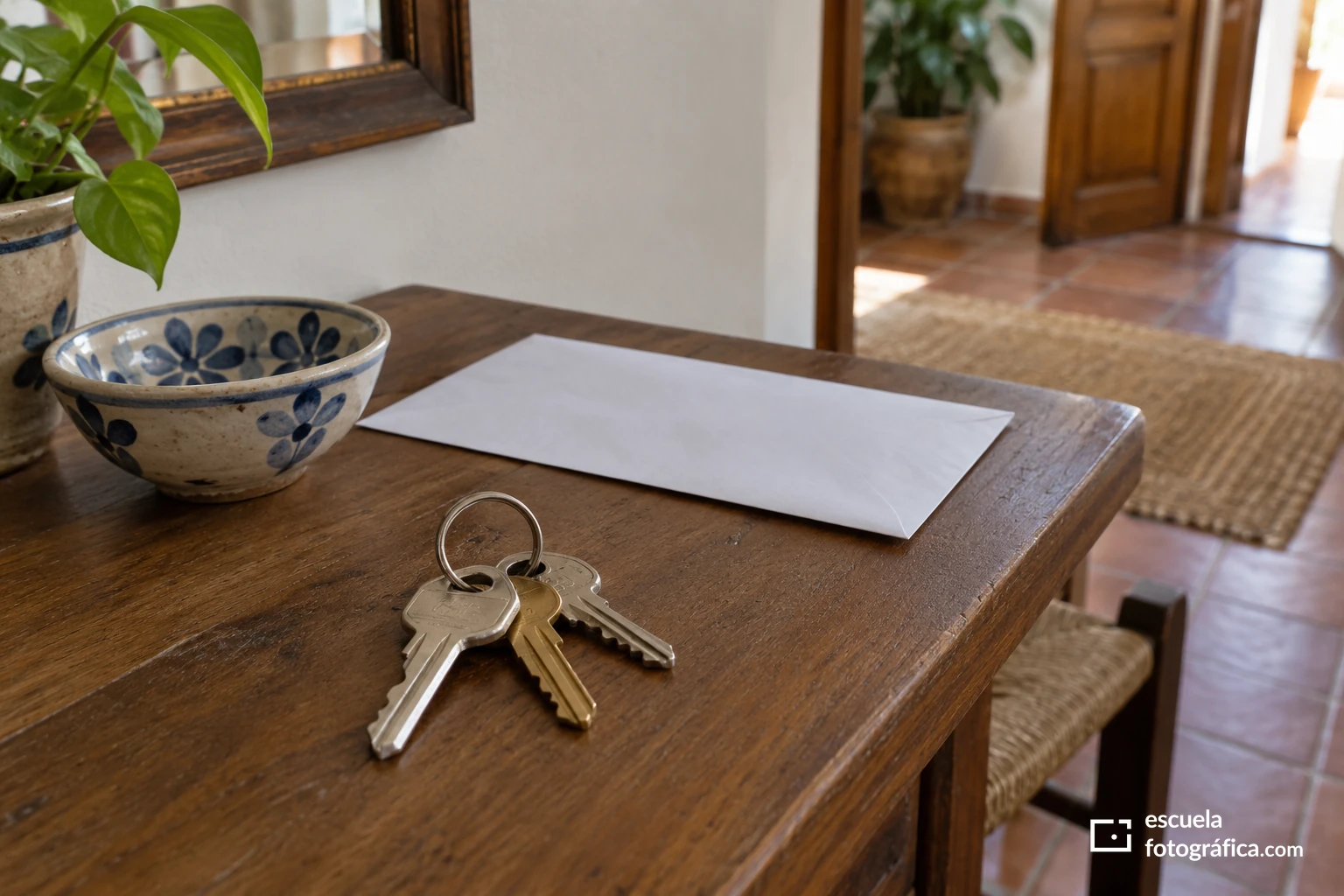 Llaves sobre un mueble de entrada junto a una carta y objetos cotidianos