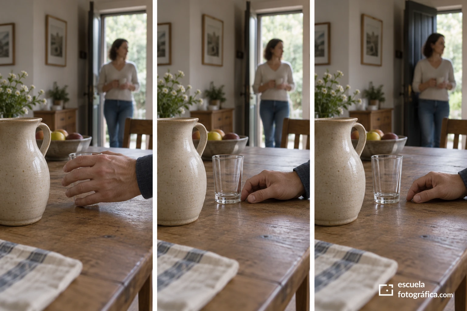 Tres variantes de una escena de mesa con distintos solapamientos entre mano, vaso y figura del fondo