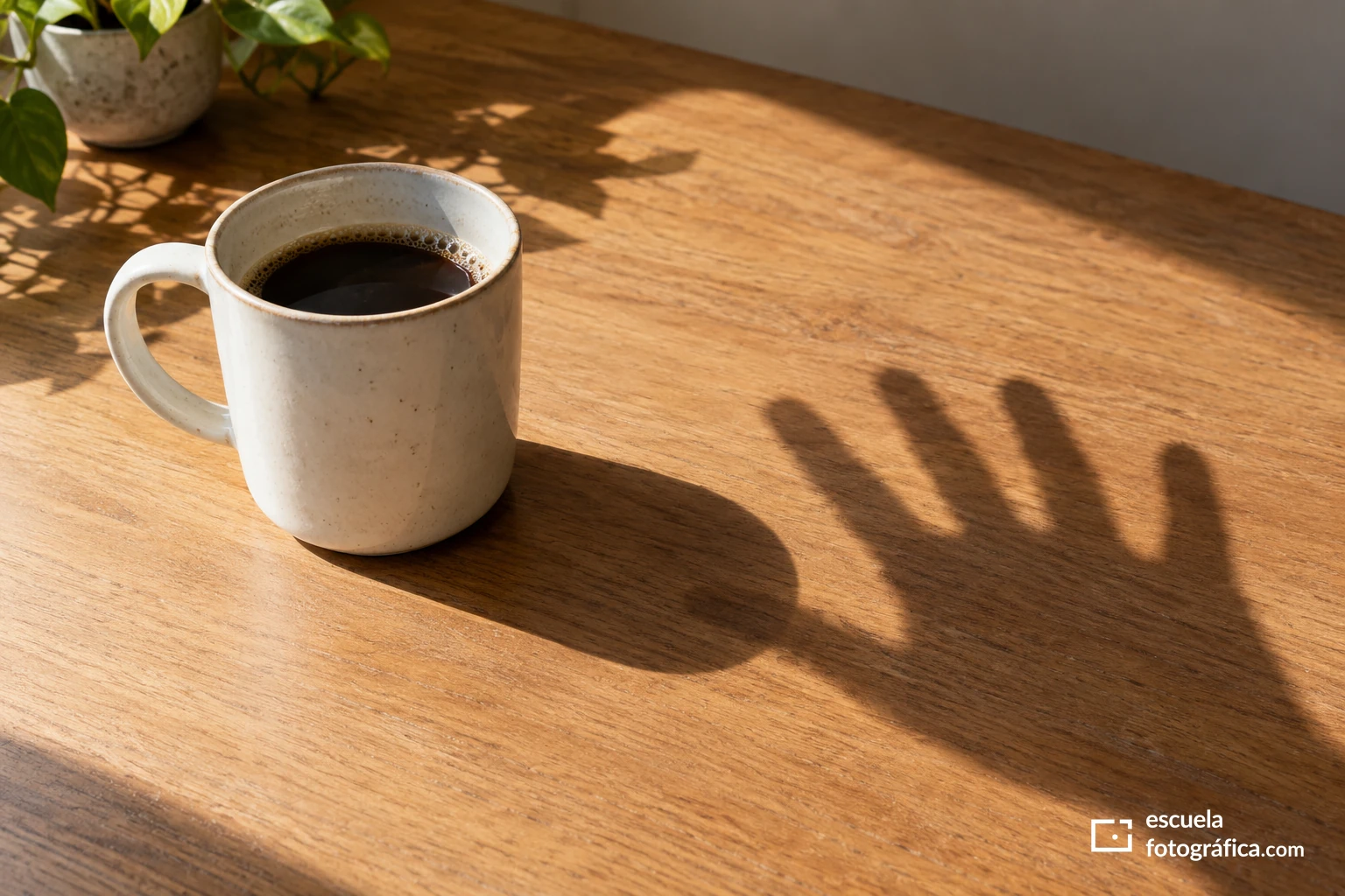Sombra de una mano junto a una taza sobre una mesa.
