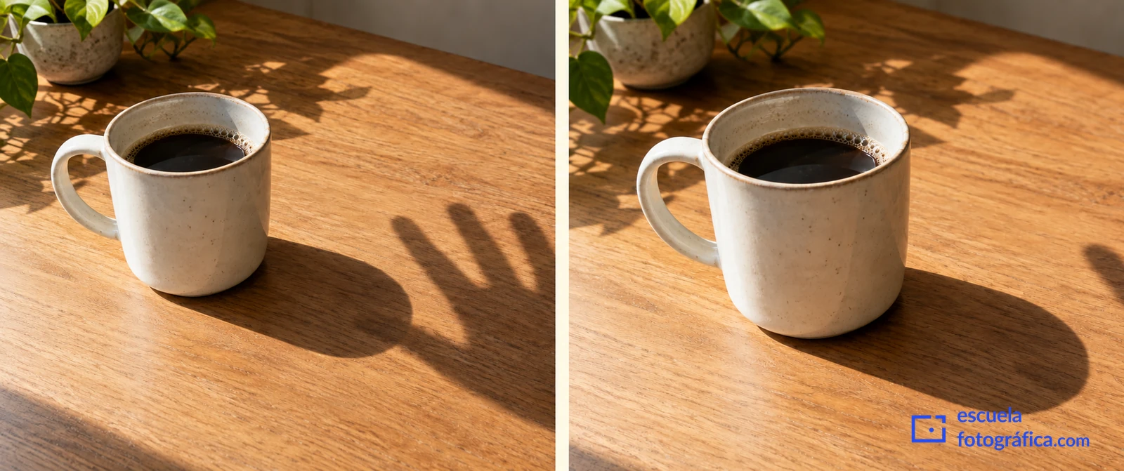 Comparación de una taza con una sombra de mano visible y un encuadre que la deja fuera.
