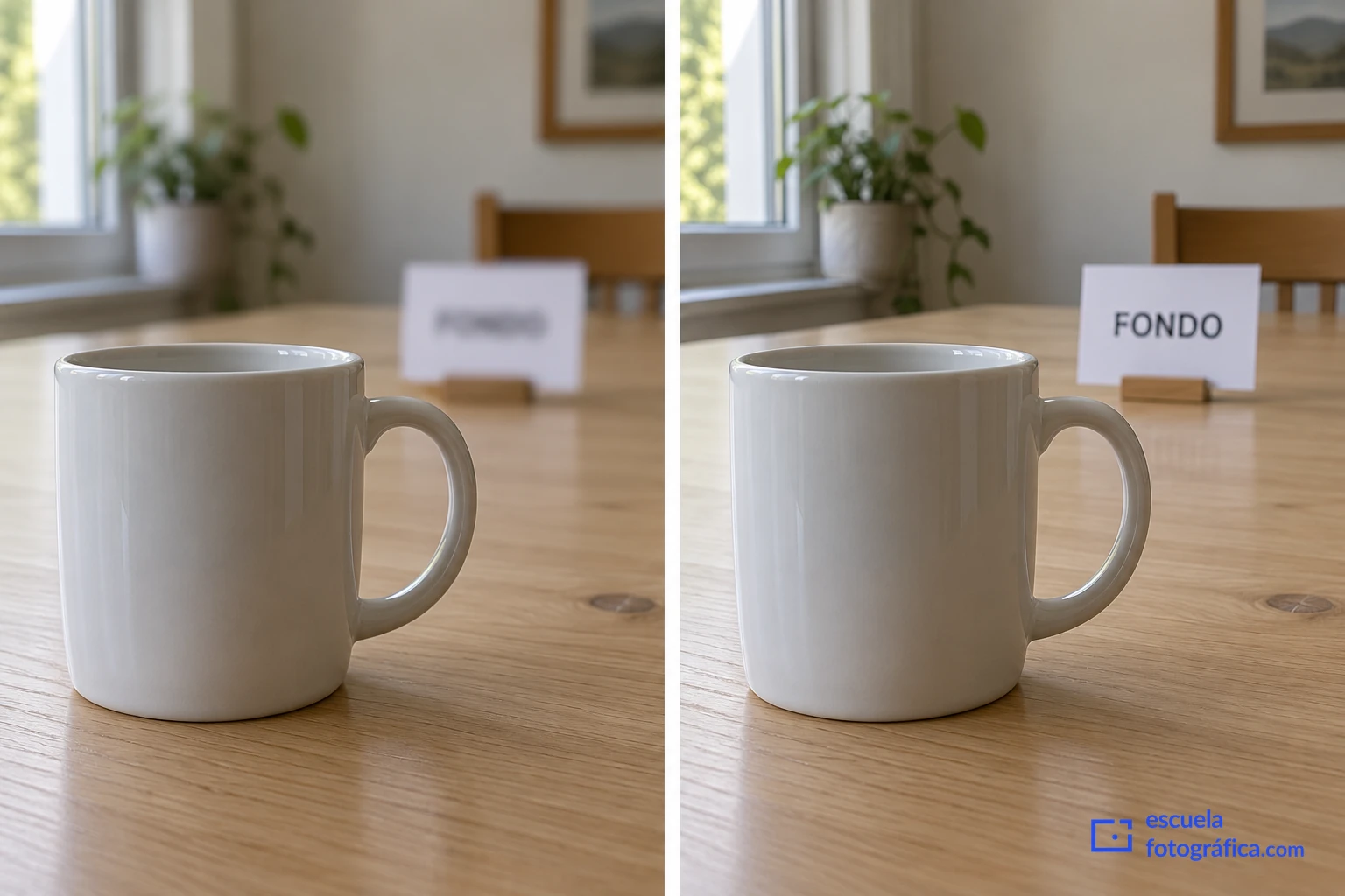 Taza nítida delante de una tarjeta con la palabra fondo, menos y más legible en dos vistas.
