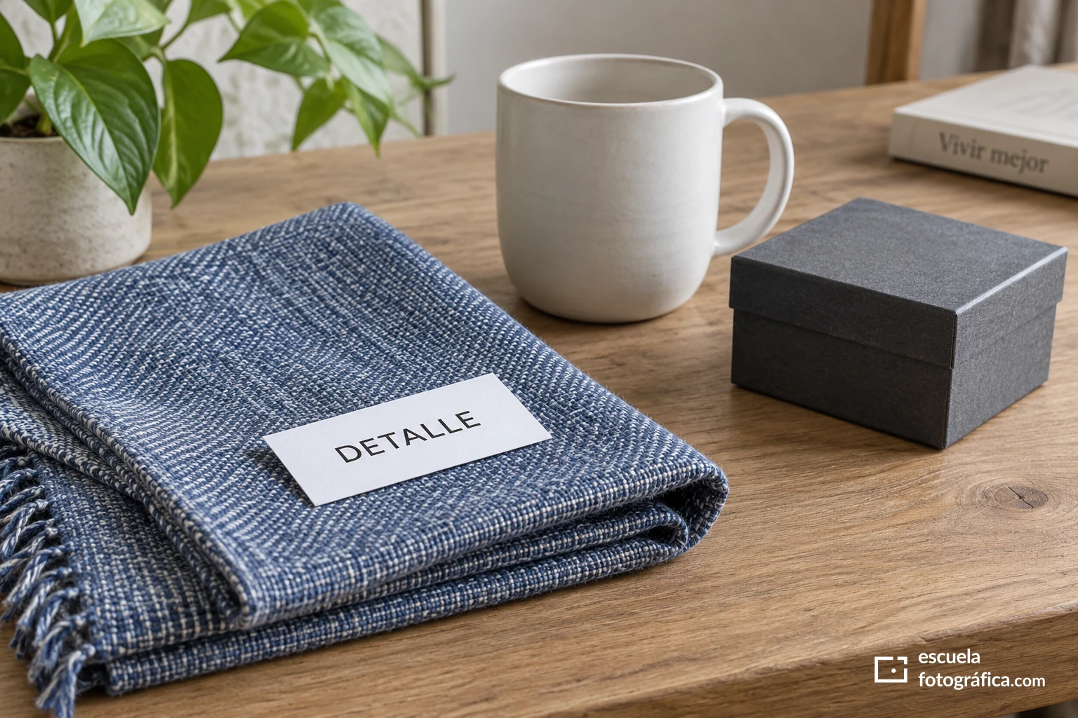 Tela, etiqueta con la palabra detalle, taza clara y caja oscura sobre una mesa.