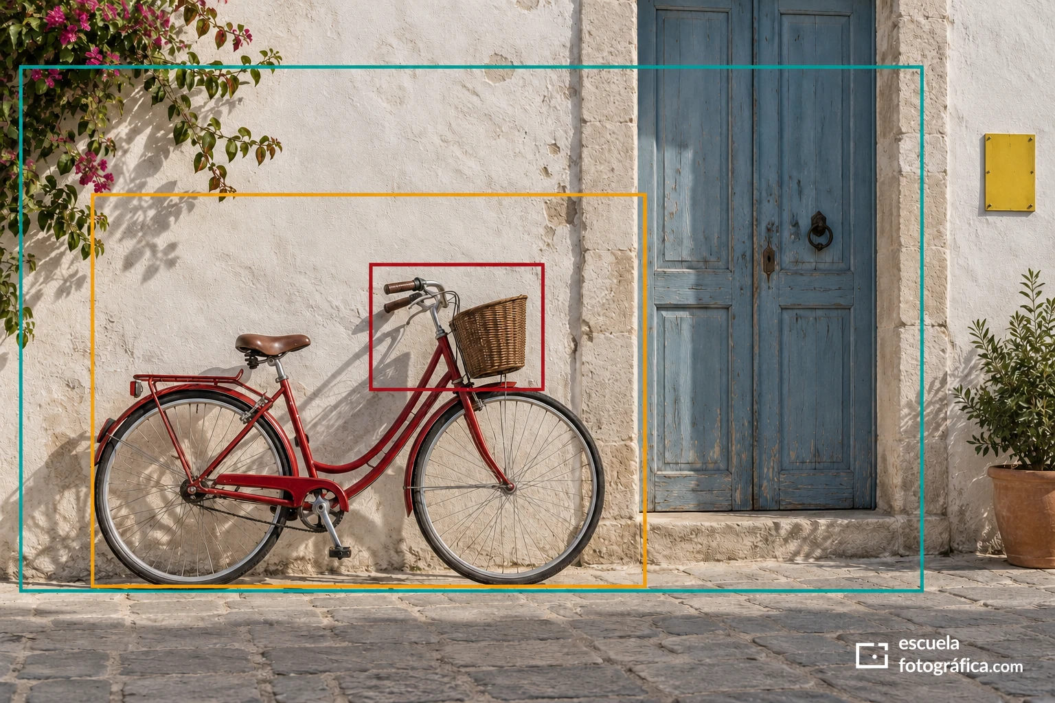 Tres marcos de distinto color proponen recortes de una bicicleta y una puerta.