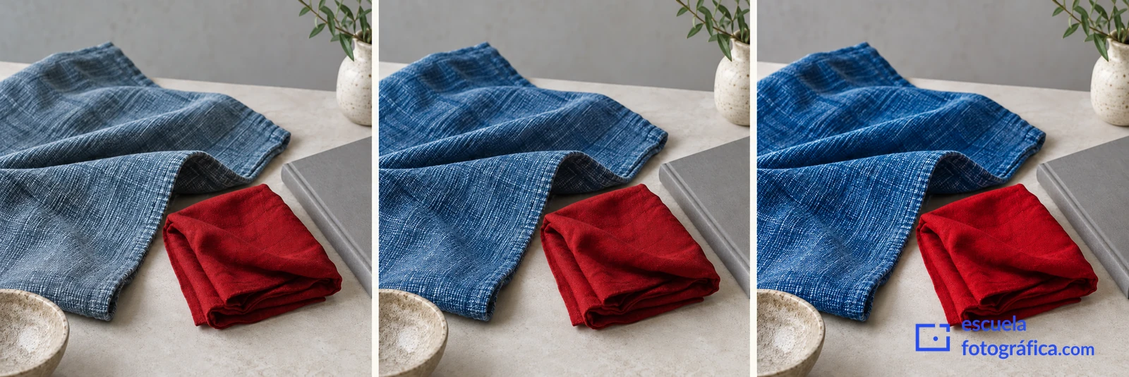 Tres versiones de una escena con telas azul grisácea y roja y un cuaderno neutro.