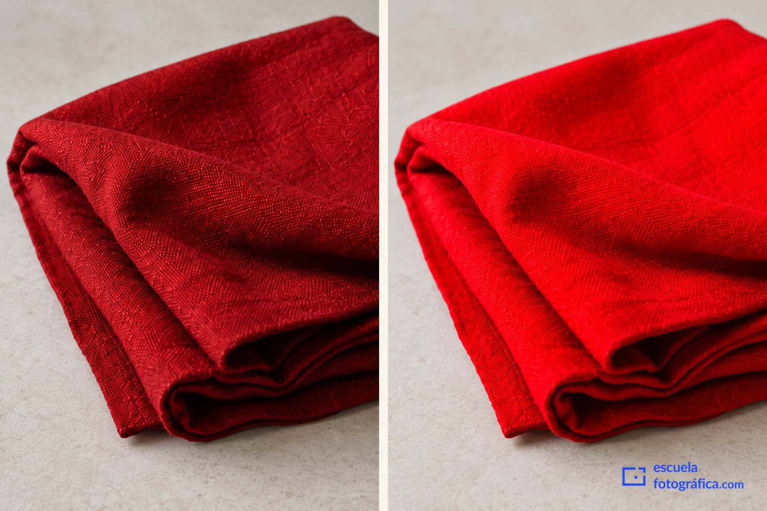 Comparación de pliegues de tela roja con color contenido y con rojo muy intenso.