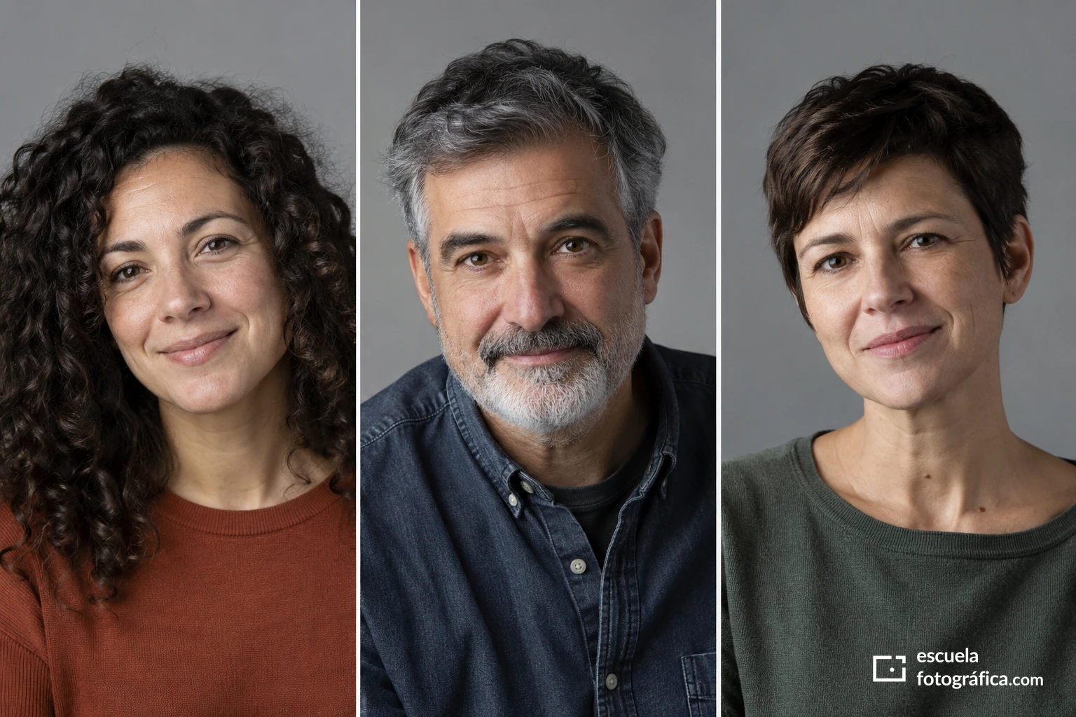 Tres retratos individuales con fondo y encuadre coherentes y expresiones diferentes