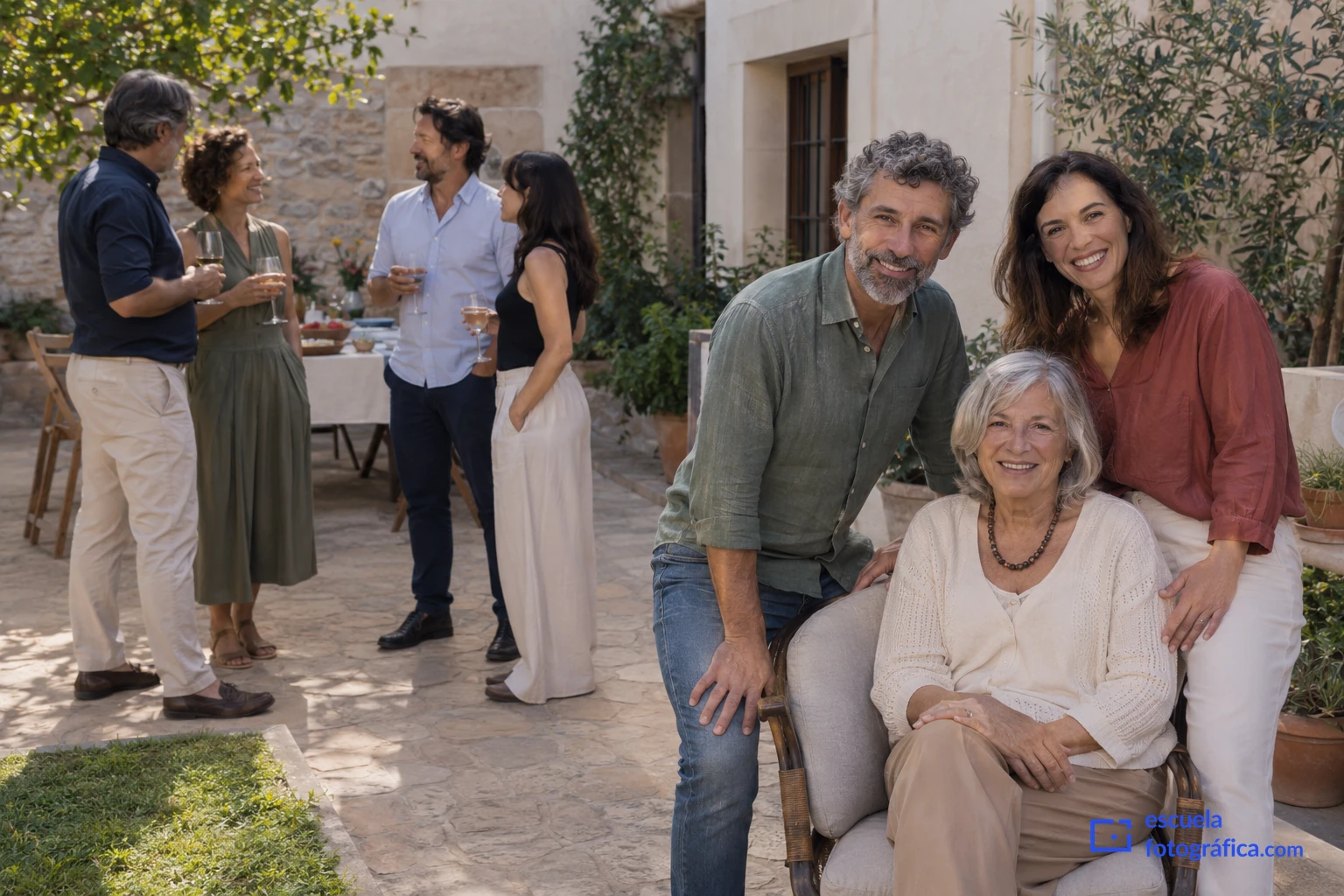Un pequeño grupo se prepara para una fotografía mientras otras personas conversan en el patio