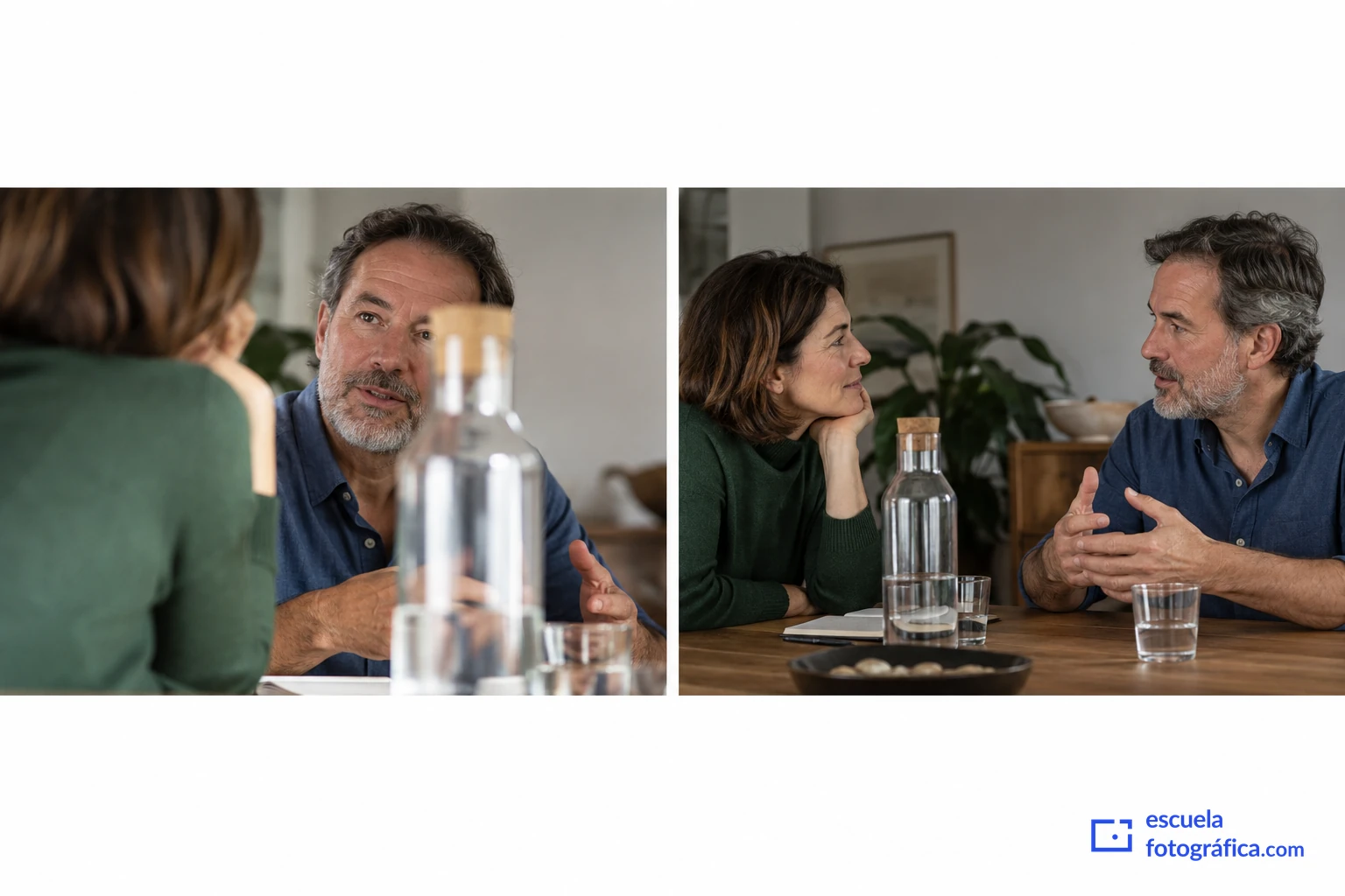 Dos puntos de vista de una conversación, uno con una botella delante y otro con las caras despejadas