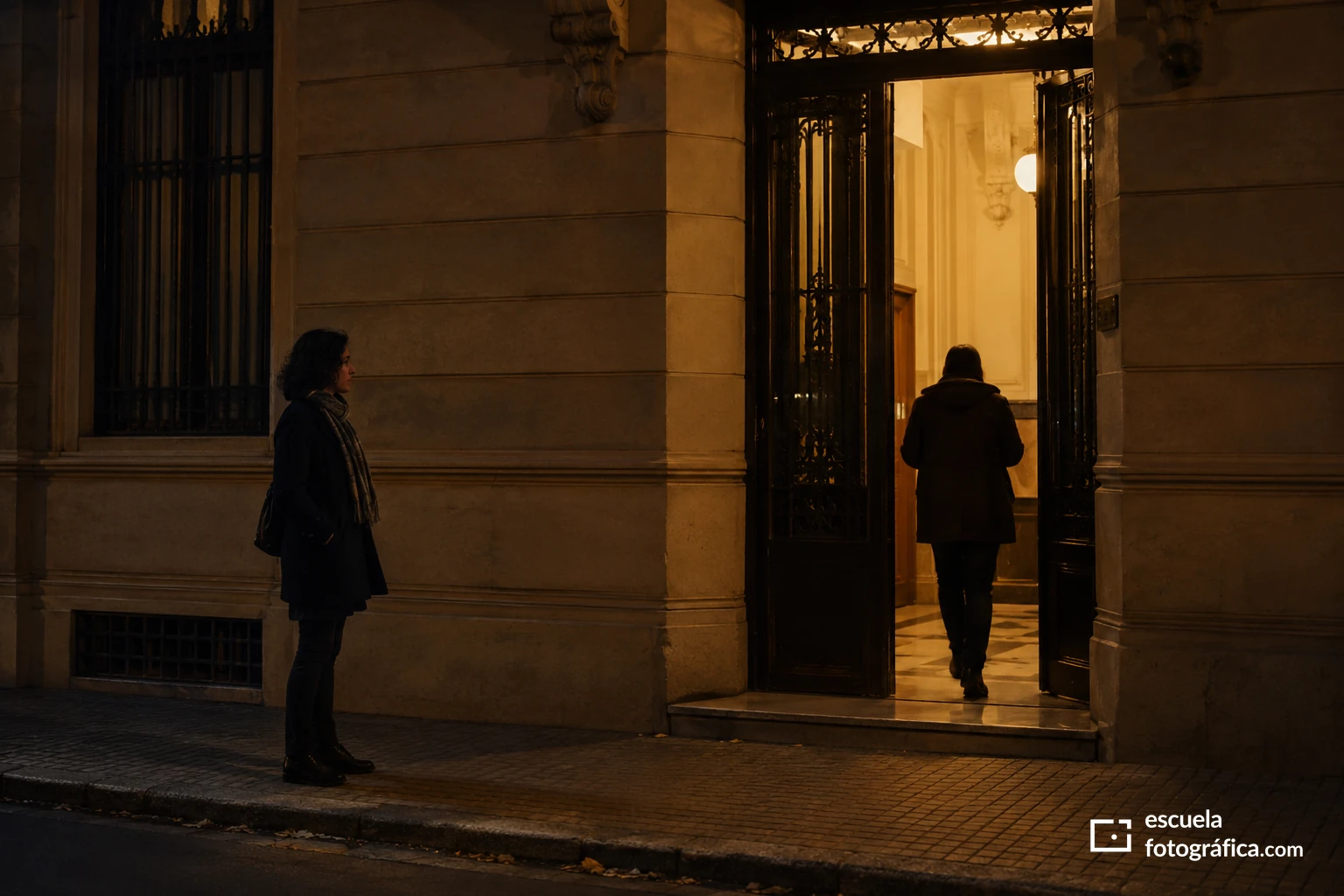 Dos siluetas separadas junto a una entrada iluminada de noche