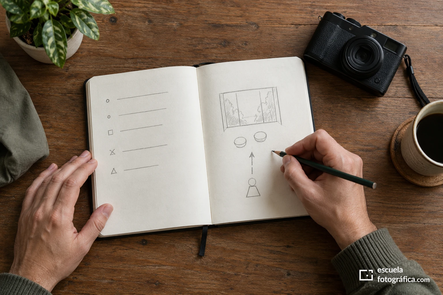 Cuaderno con un croquis sencillo de posiciones junto a una cámara