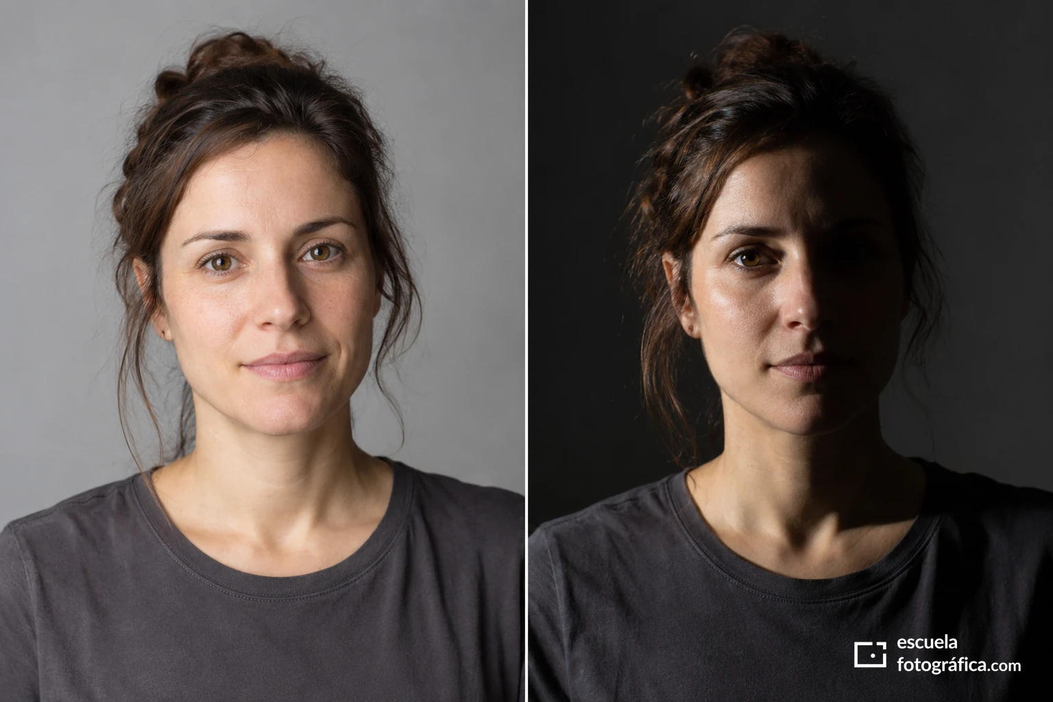 Un mismo rostro con luz clara y con una iluminación lateral que oculta parte de la cara