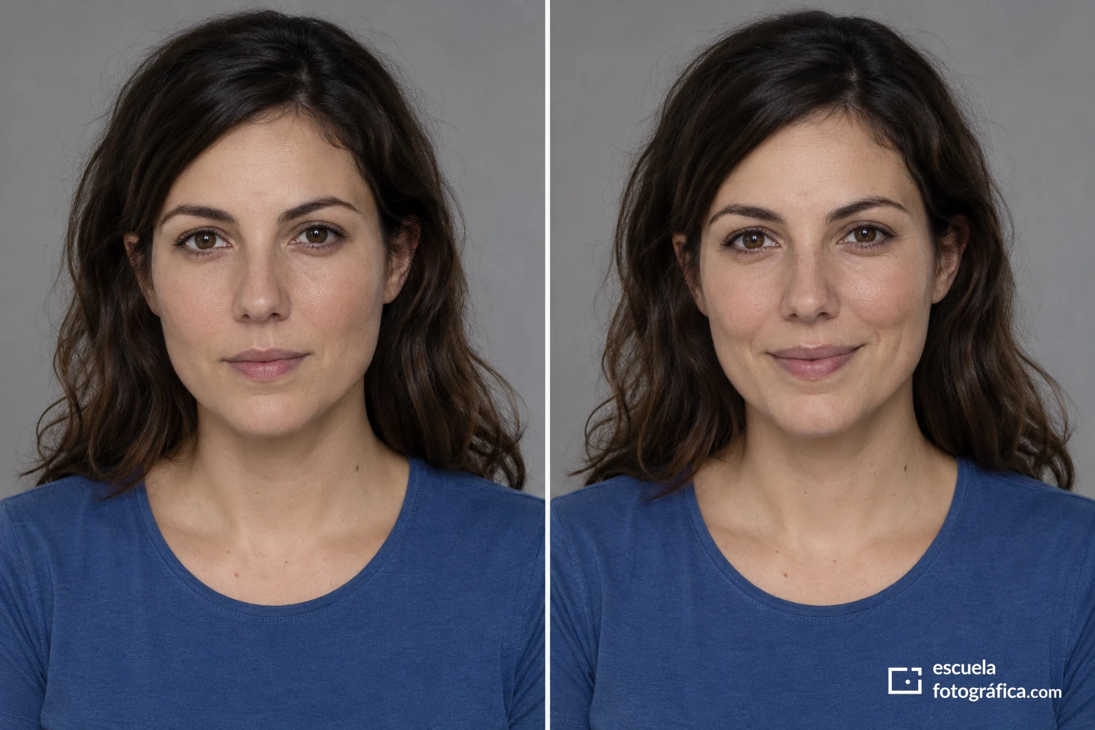 Dos retratos de la misma mujer con expresión serena y una sonrisa leve