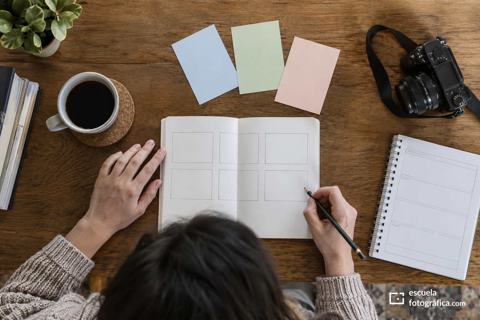 Cuaderno con casillas y tarjetas para ordenar prioridades de cobertura