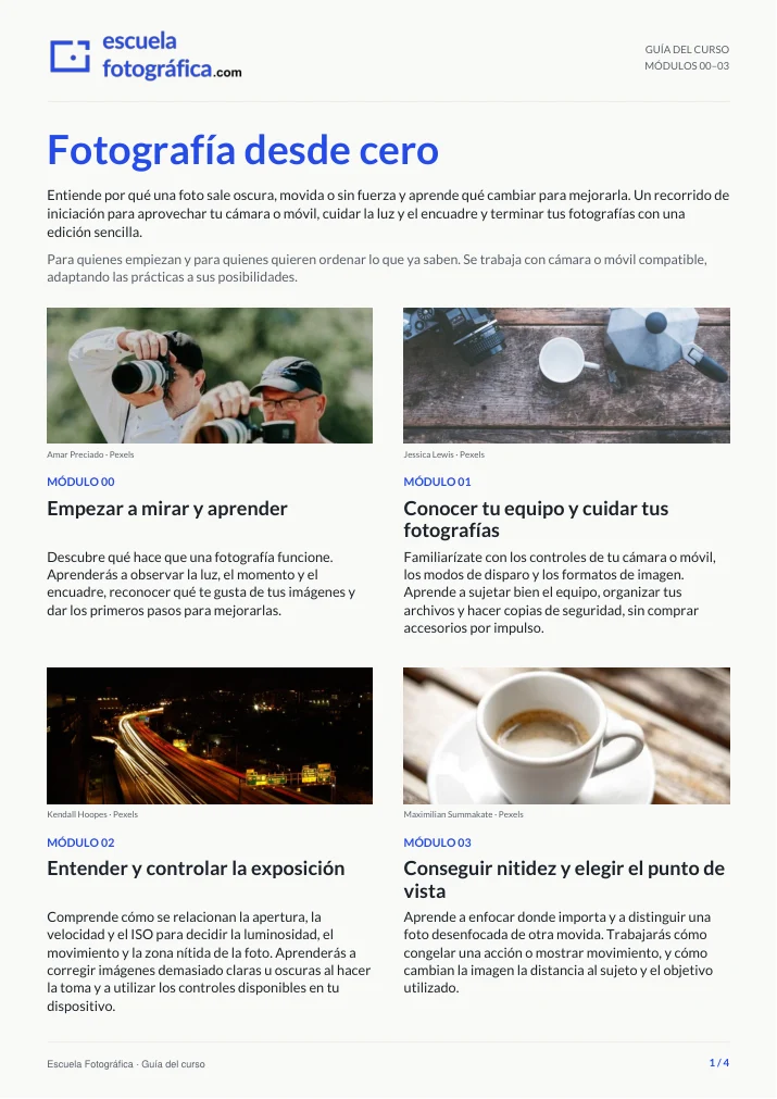 Portada del dosier de Fotografía desde cero, con una presentación visual de los módulos del curso