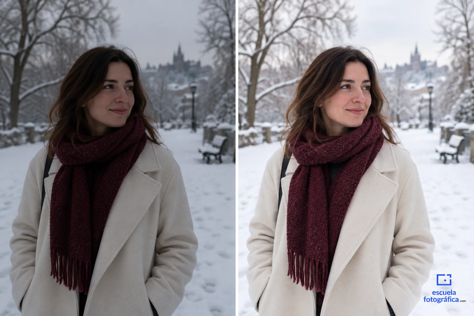 Comparación de un retrato en la nieve oscuro y una exposición más luminosa