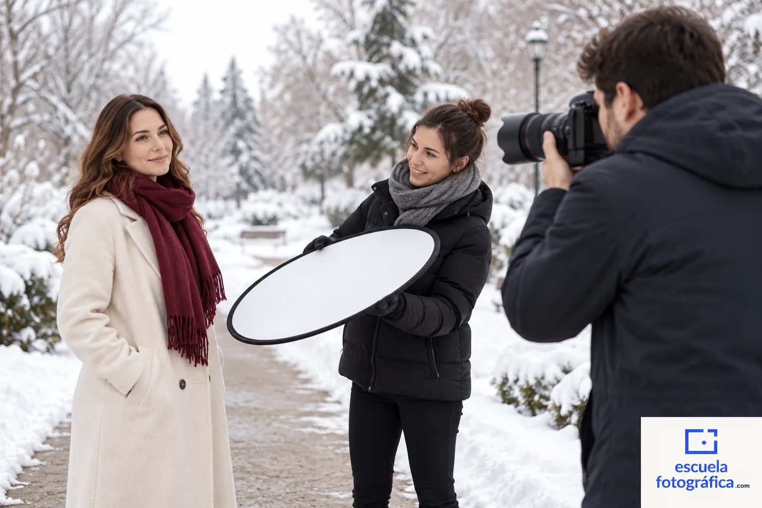 Montaje de retrato en un parque nevado con reflector blanco