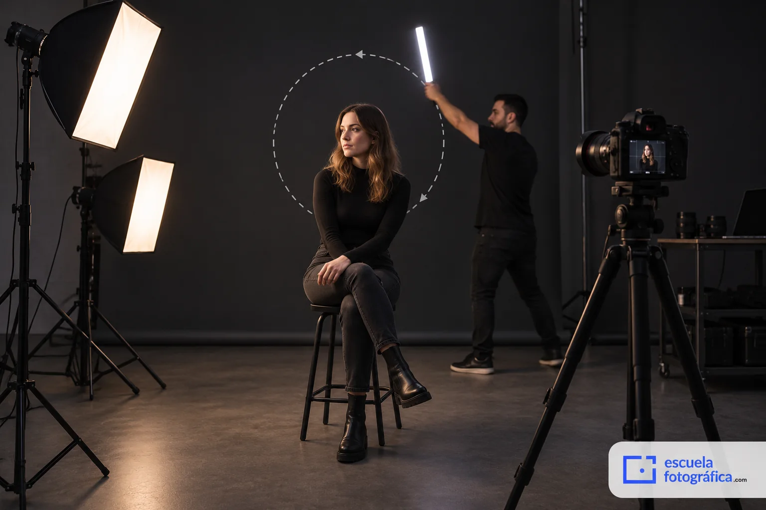 Preparación de un retrato con luces y un ayudante detrás de la persona
