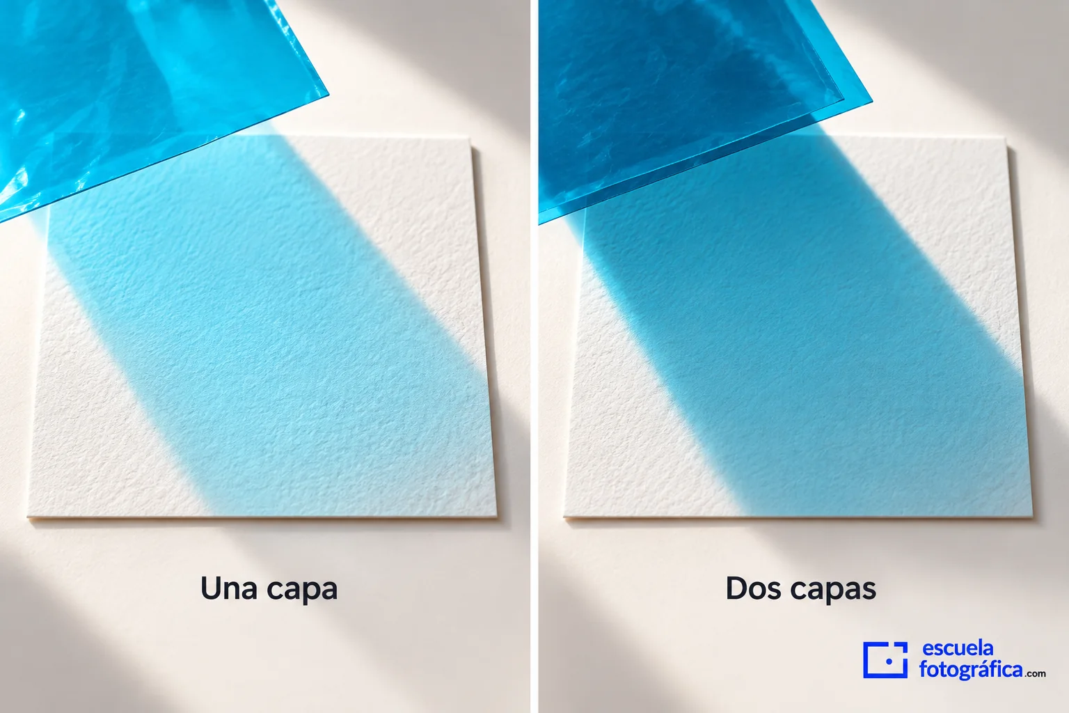 Comparación de una y dos capas de celofán cian sobre una superficie blanca