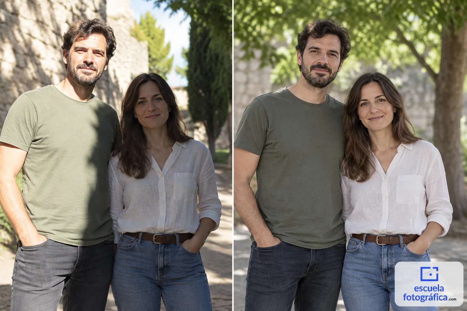 Pareja con luz desigual y después situada en una sombra más uniforme