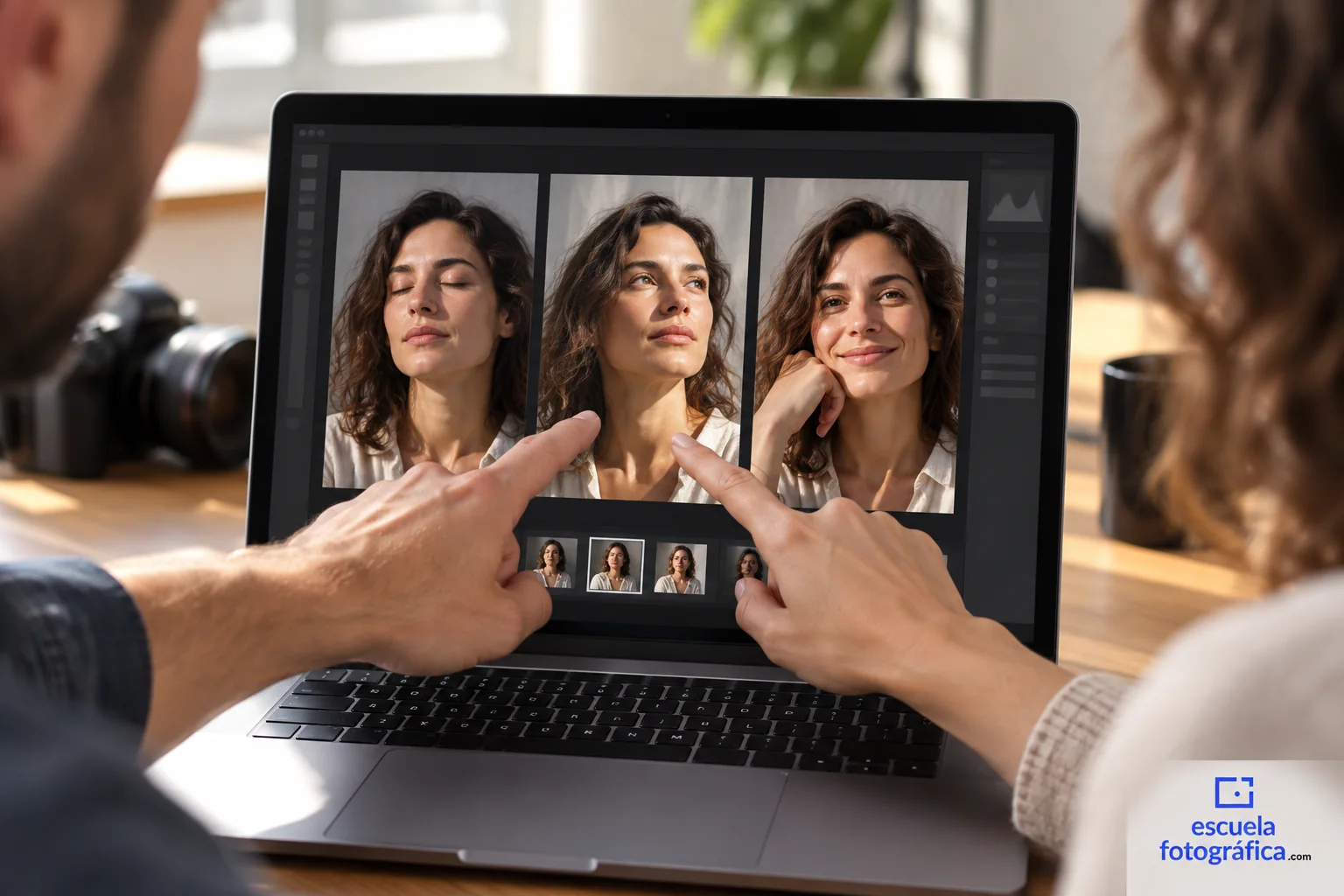 Tres retratos en una pantalla durante una selección compartida