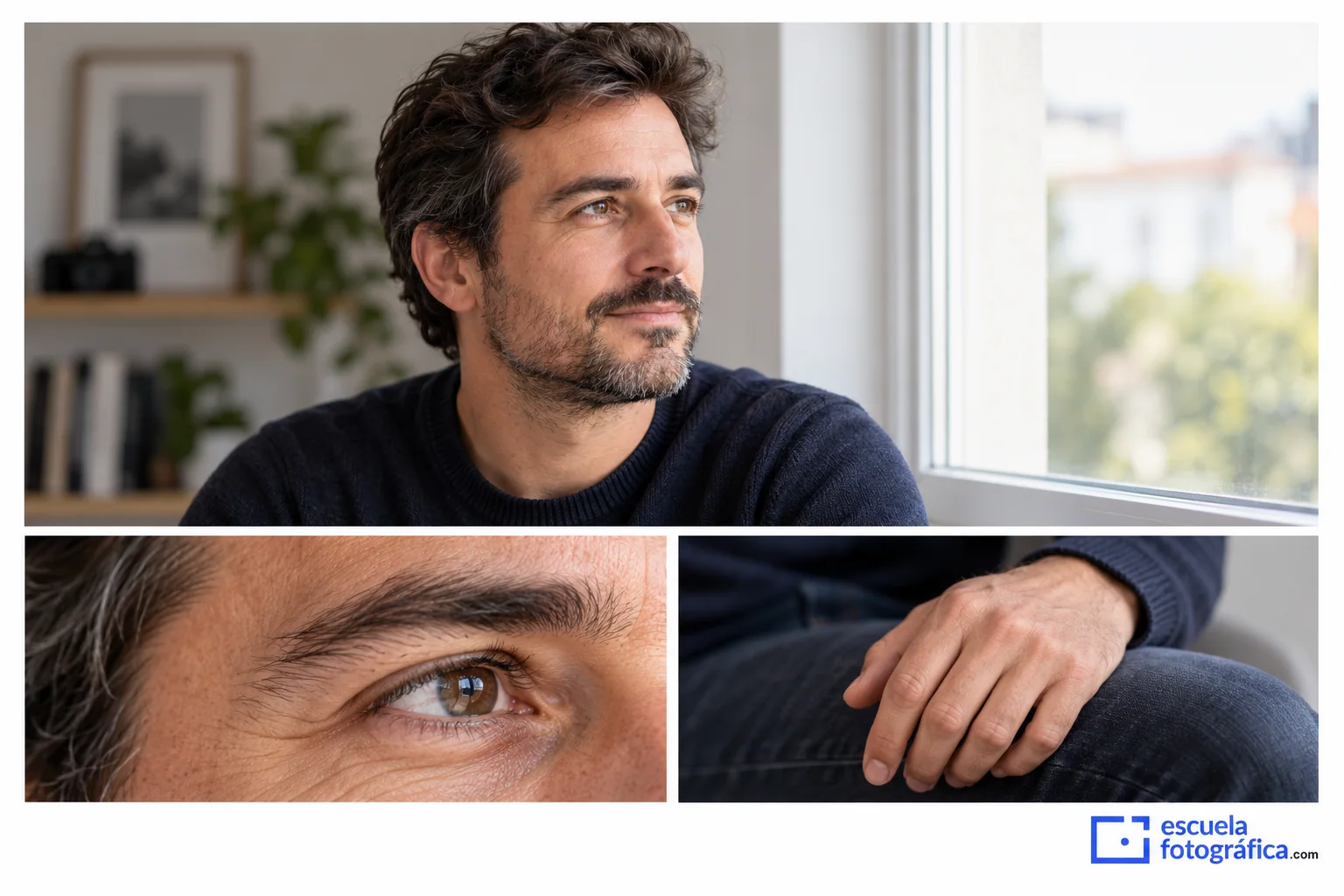 Retrato con detalles del ojo y de una mano para revisar enfoque y gesto