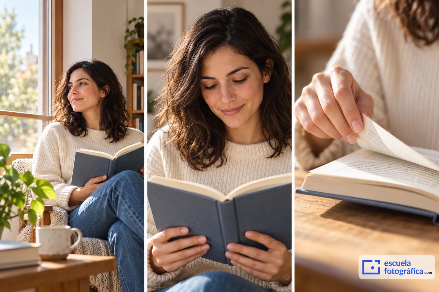 Secuencia de lugar, gesto de lectura y mano pasando una página