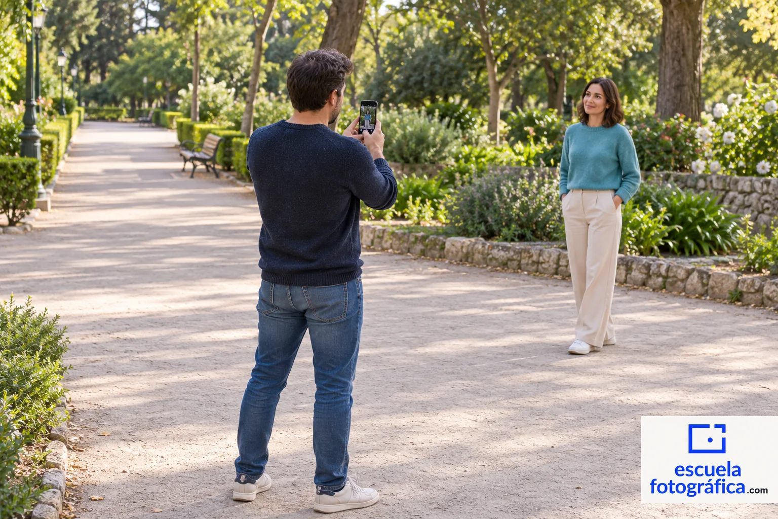 Preparación de una panorámica con móvil y una persona en su primera posición