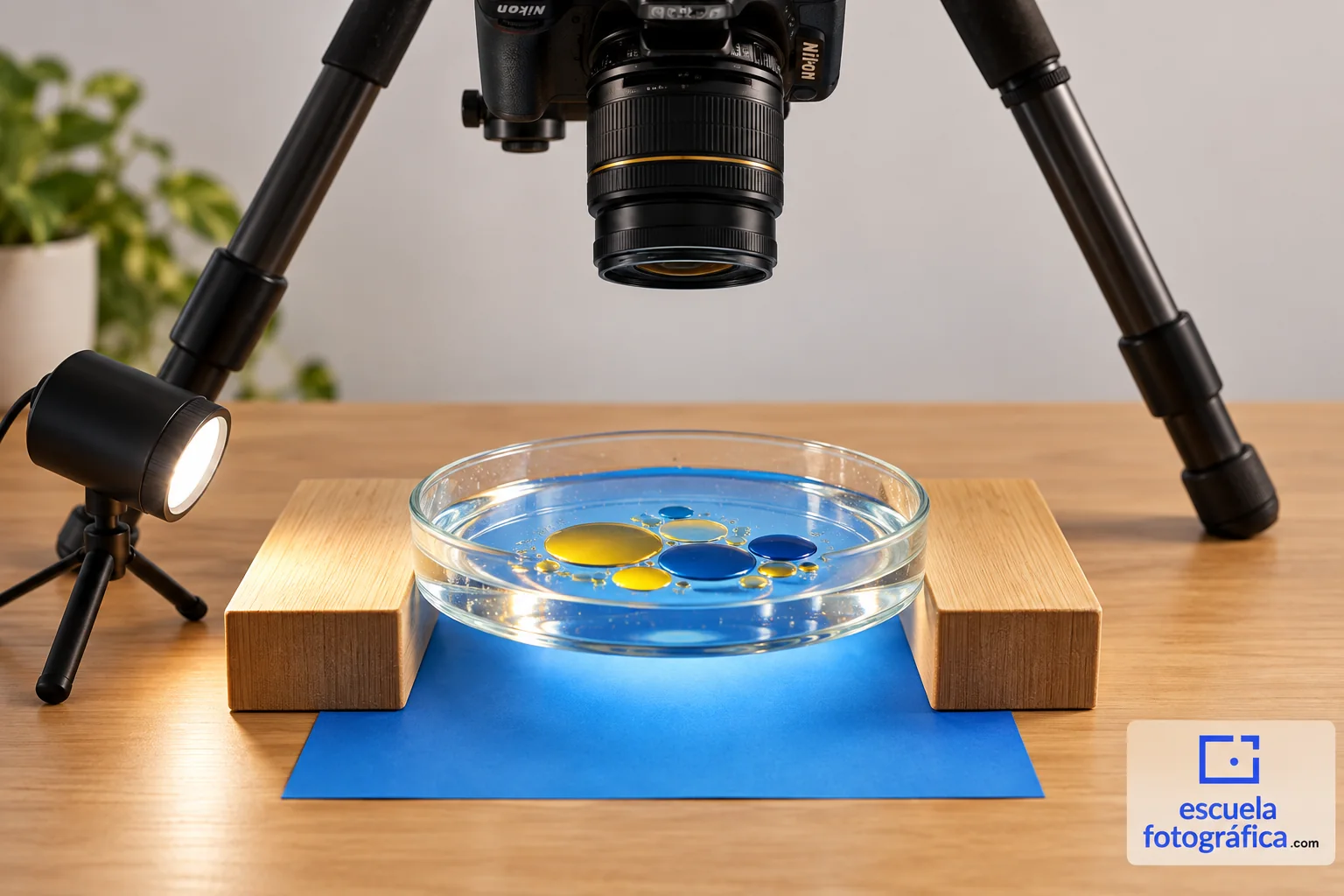 Recipiente transparente elevado sobre apoyos para fotografiar aceite y agua