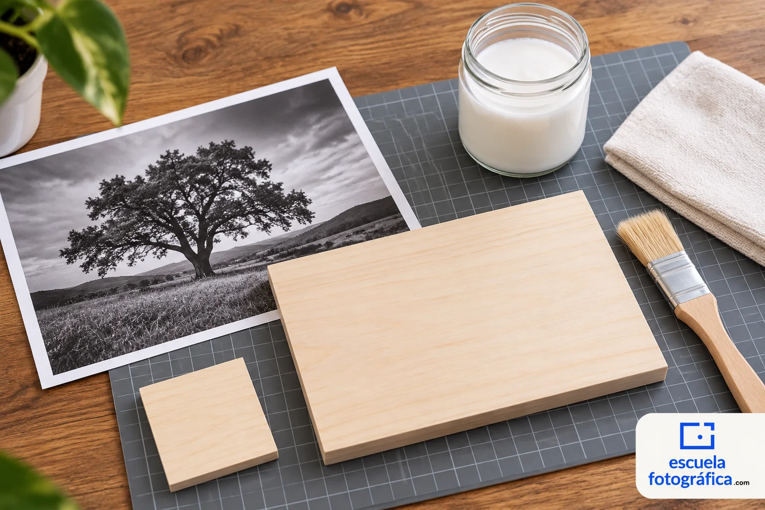 Materiales y muestra pequeña para transferir una fotografía a madera