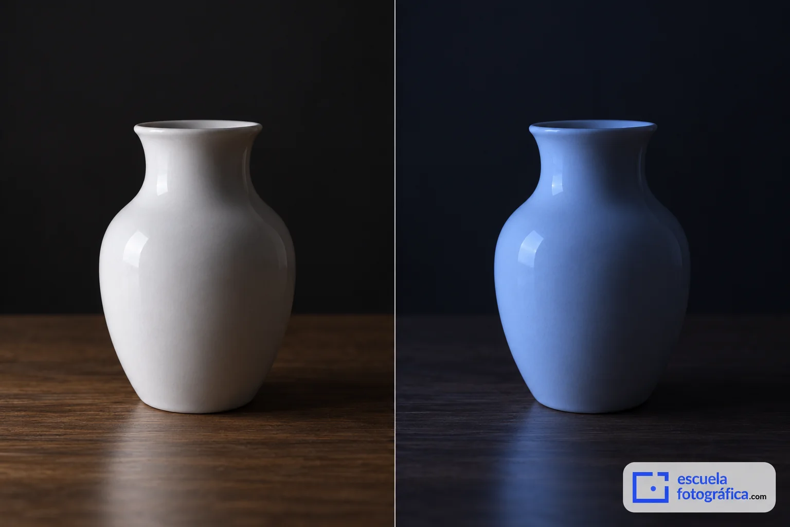 Comparación de un jarrón bajo luz de pantalla blanca y azul
