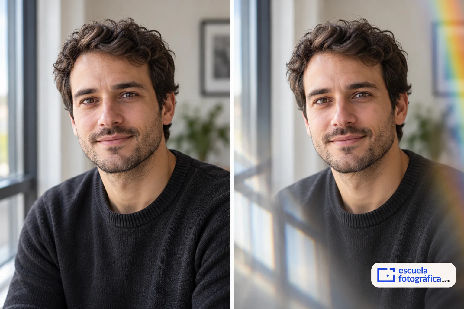 Comparación de un retrato sin prisma y con un reflejo discreto