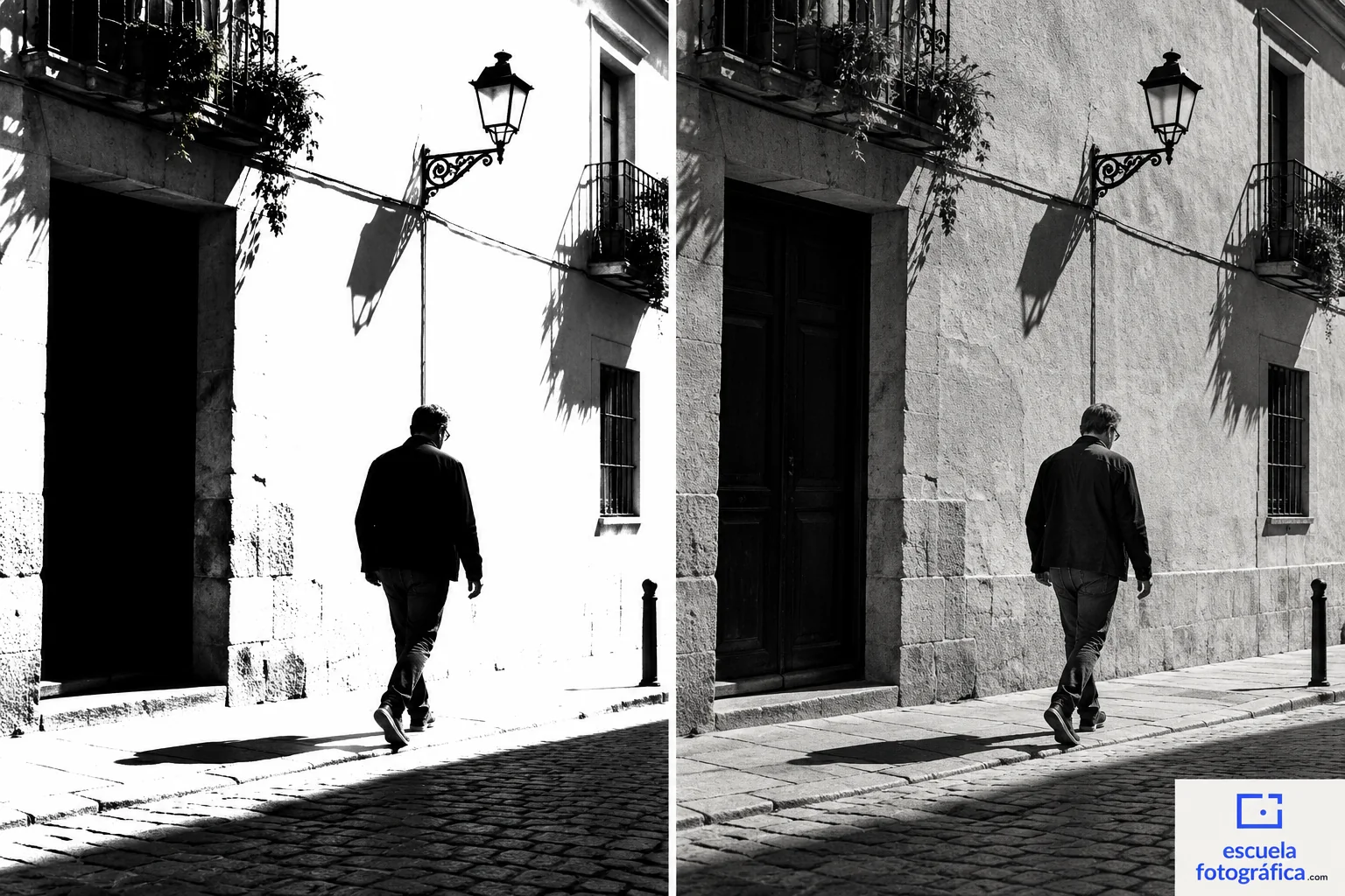 Escena callejera con grises conservados frente a una versión demasiado contrastada