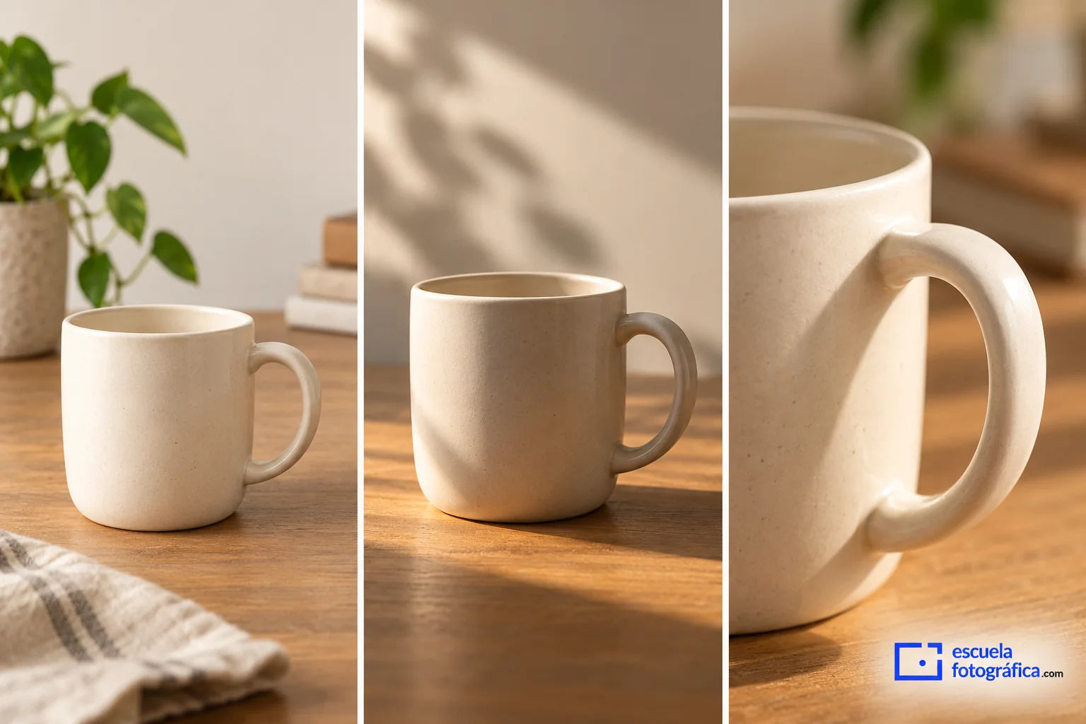 Tres ejemplos de encuadre, iluminación y detalle de una taza