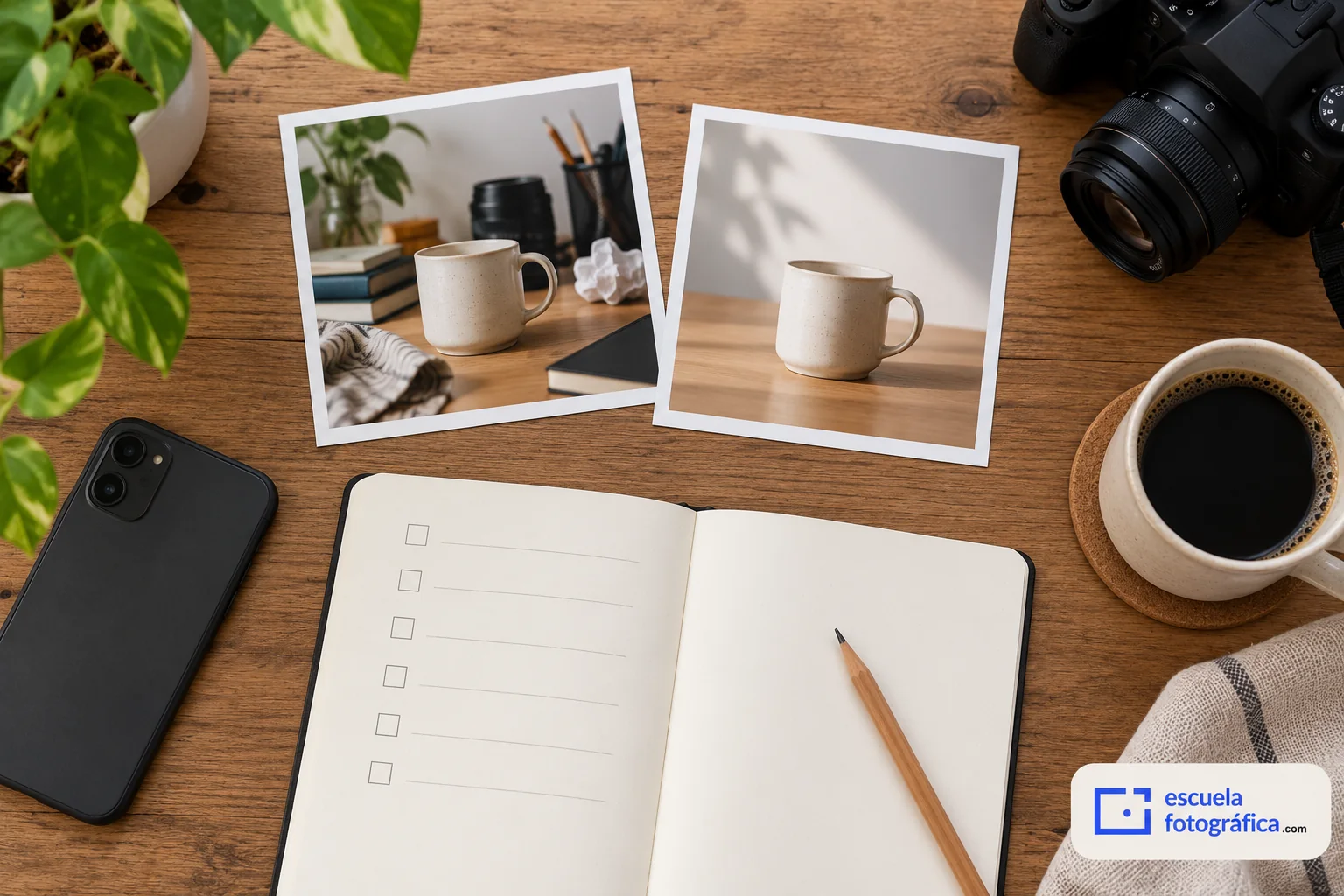 Dos fotografías de una taza junto a un cuaderno de práctica